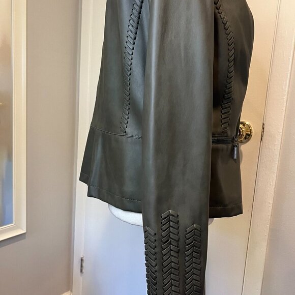 Alfani Olive Whipstitched Faux Leather Zip Up Jacket, Size Medium - Picture 11 of 16